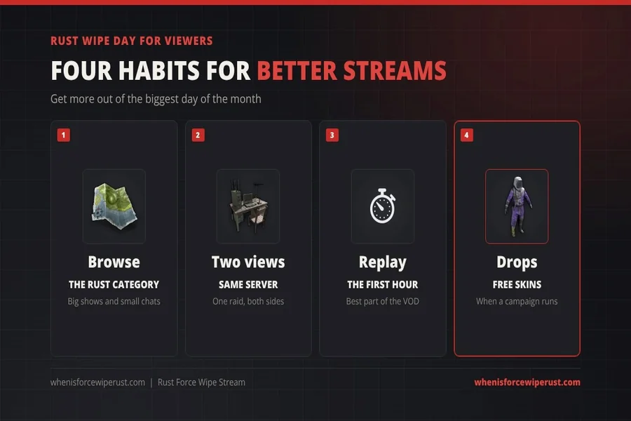 Rust force wipe stream tips for viewers: browse the category, watch two views, use replays and check drops